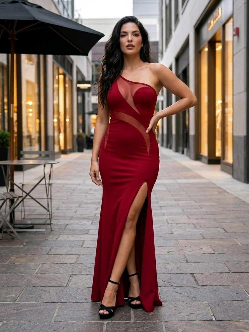 Symphony Red Cutout One Shoulder Evening Gown Small Sexy Slit Formal Maxi Dress